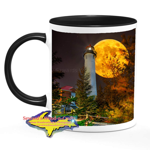 Michigan Made Coffee Cup Mug Full Moon Rising Over Crisp Point Lighthouse