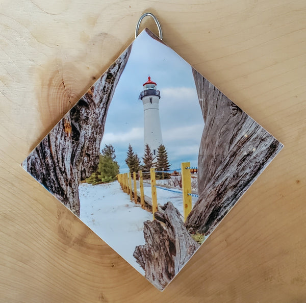 Michigan's Upper Peninsula Crisp Point Lighthouse Gifts Winter Driftwood Wall Art Tile 