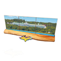 A panoramic view of the Grand Hotel Mackinac Island on three ceramic tile coasters making a unique Michigan Made gift!
