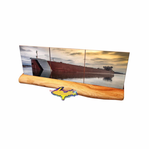 Great Lakes Freighter Edwin Gott Coaster Set On A Wood Base