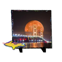 Michigan 8x8 Rustic Slate Mackinac Bridge Full Blood Wolf Moon Digital Art (Composite Image)
