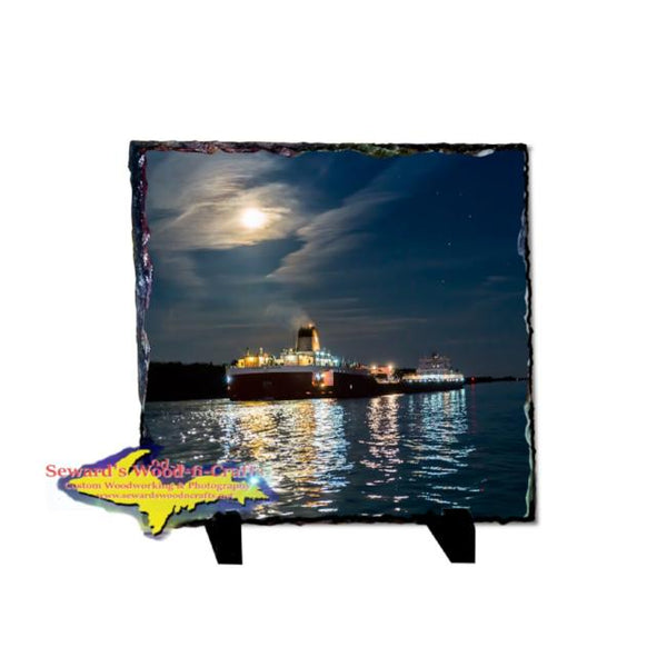 Great Lakes Freighter Roger Blough Moon Light Rustic Photo Slate Boat Nerd Gifts & Collectible