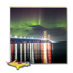 Michigan Coaster of Northern Lights over the Bridge Mackinac in Mackinaw City, Michigan. Michigan Gifts