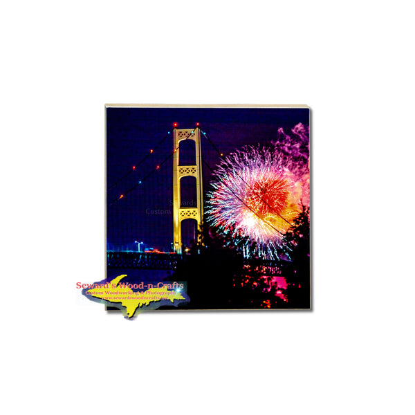 Fireworks over the Mackinac Bridge on a Michigan made coaster