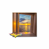 Crisp Point Lighthouse window looking out at a sunset on a Michigan photo coaster