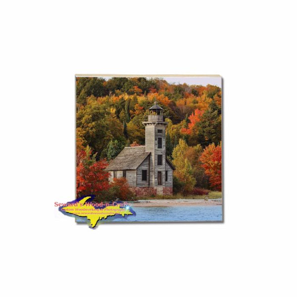 Autumn Colors Over Grand Island Lighthouse on a Michigan Made Coaster