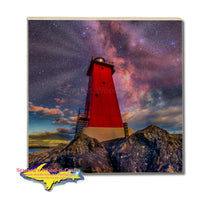 Michigan Made Drink Coasters Milky Way Over Manistique Lighthouse Yooper Gifts