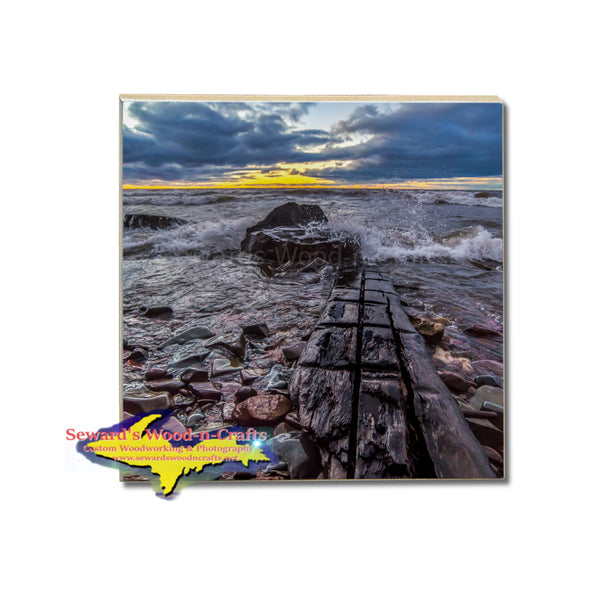 Michigan Drink Coasters Lake Superior Sunset Shipwreck Shoreline