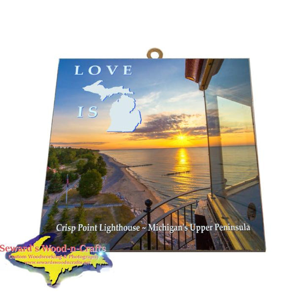 Crisp Point Lighthouse Sunset Photo Tile Meme Yooper Gifts