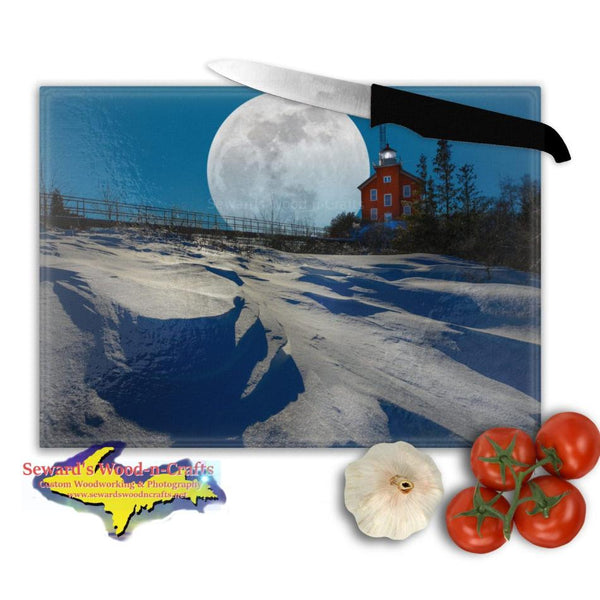Michigan Made Glass Cutting Boards Super Snow Moon Marquette Lighthouse Yooper Gifts