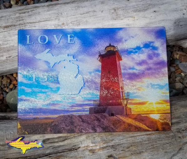 Made in Michigan Love Is Manistique 8x11 Glass Cutting Board