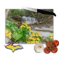 Michigan's Upper Peninsula Glass Cutting Board Wagner Falls & Marsh Marigold Springtime in Munising