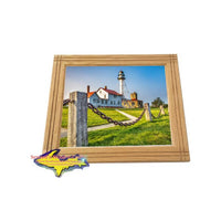 Hand made oak wood frame with a Michigan picture of Whitefish Point Lighthouse