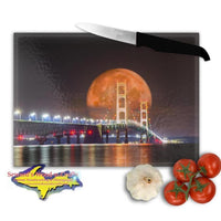 Michigan Made Glass Cutting Boards Mackinac Bridge Full Blood Wolf Moon Digital Art