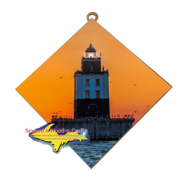 Michigan Gifts Poe Reef Lighthouse near Cheboygan Michigan on a beautiful hanging photo tile! 