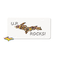 U.P. Rocks License Plate with Michigan's Upper Peninsula and lake superior rocks
