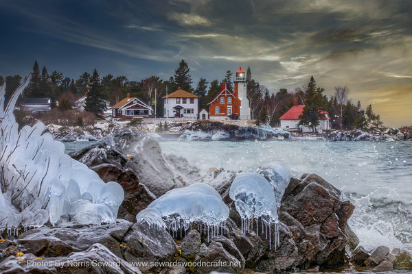 Eagle Harbor Lighthouse Blue Ice Winter Sunset 