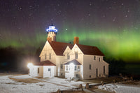 Michigan Landscape Photography Great Lakes Lighthouses Northern Lights over Iroquois Point Lighthouse near Brimley Michigan.