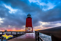 Charlevoix Michigan Lighthouse Winter Sunset Photo Royalty Free Stock Image