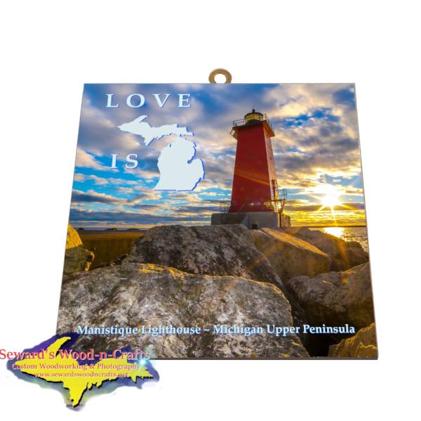Manistique Lighthouse Sunset Photo Tile Wall Art For Yooper Gifts