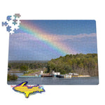 Michigan Jigsaw Puzzles Rainbow over the Sugar Island Ferry Dock Sault Michigan Puzzle