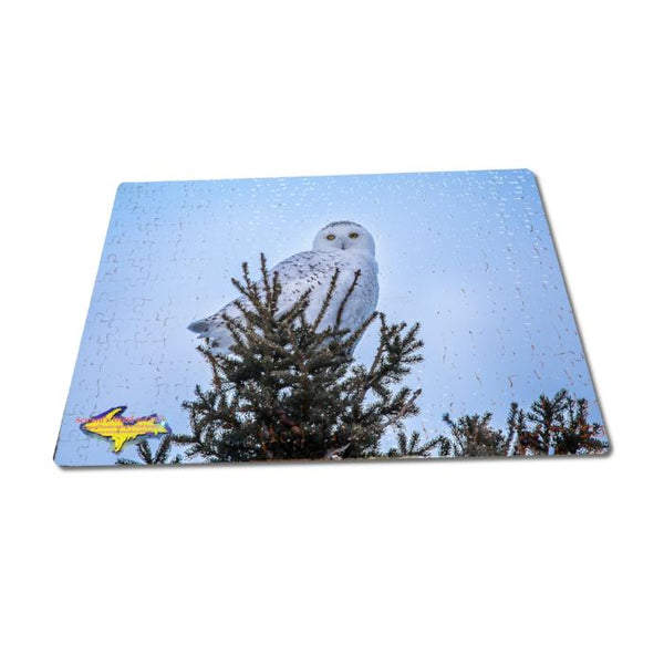 Michigan Made Jigsaw Puzzles Snowy Owl in pine tree Michigan Wildlife Puzzle