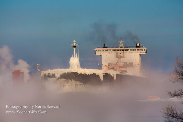Great Lakes Freighters Photography Burns Harbor heading on a foggy morning St. Mary's River Sault Michigan