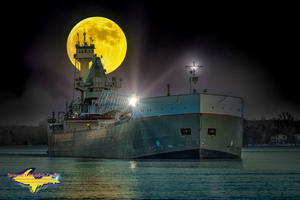 Great Lakes Freighters Photography Tug Victory & Barge Maumee Full Moon Composite Image (Digital Art)