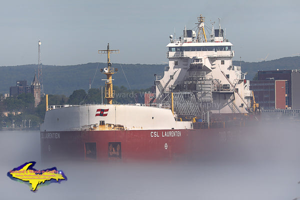 Great Lake Freighter CSL Laurentien on a foggy morning in Sault Ste. Marie, Michiagn