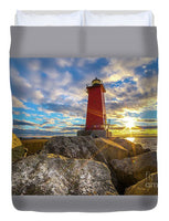 Manistique Lighthouse Sunset Duvet Cover. Michigan Upper Peninsula Home/Bedroom