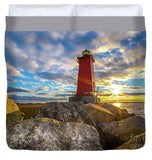 Manistique Lighthouse Sunset Duvet Cover. Michigan Upper Peninsula Photos, Gifts, Collectibles, Home/Bedroom Decor
